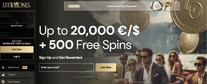 Lucky Ones front page with the welcome offer and side menu for casino, live casino and sports