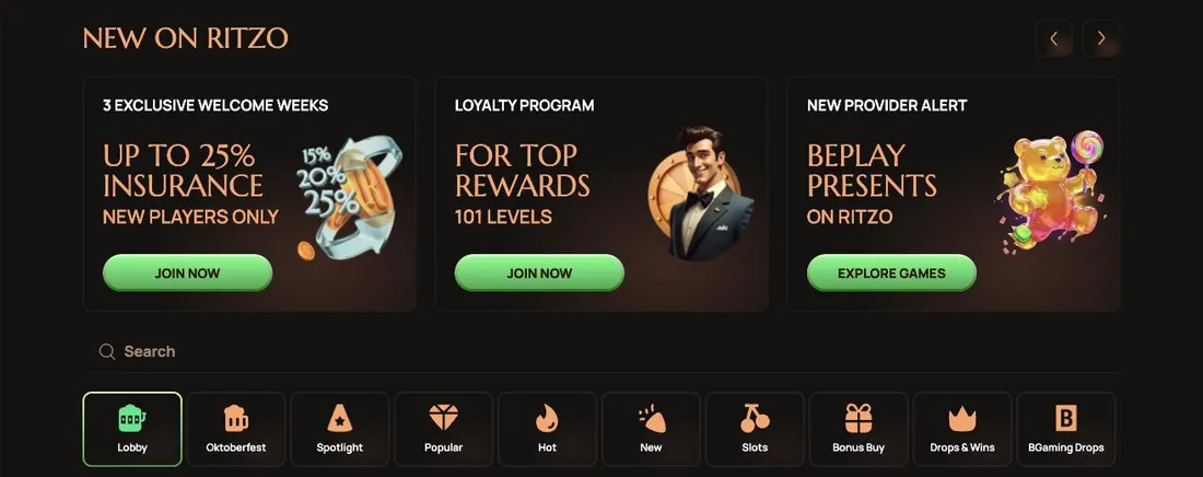 Ritzo front page with new player insurance, the 101-level loyalty programme and the lobby categories