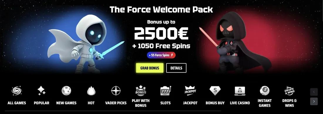 SlotsVader front page with the Force Welcome Pack banner and lobby categories