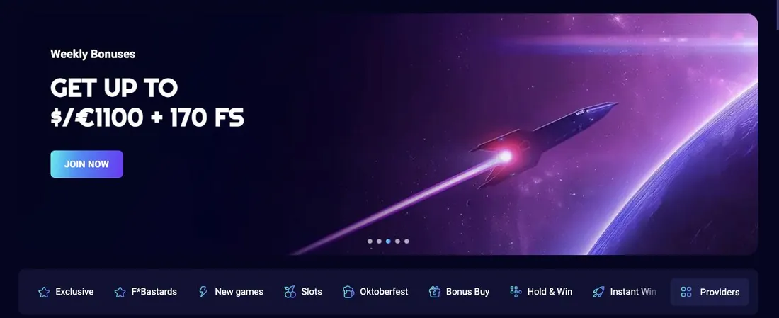 Spinjo front page with the weekly bonuses banner and lobby categories from Exclusive to Providers