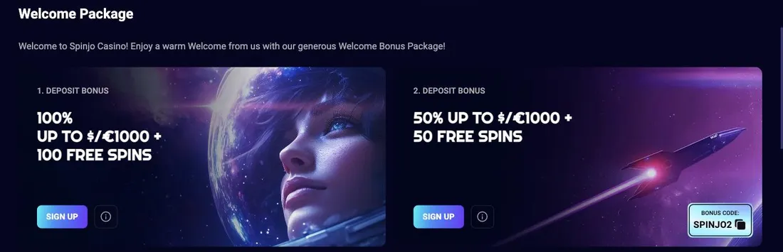 Spinjo welcome package cards: 100% up to €1,000 with 100 free spins, then 50% up to €1,000 with 50 free spins and code SPINJO2