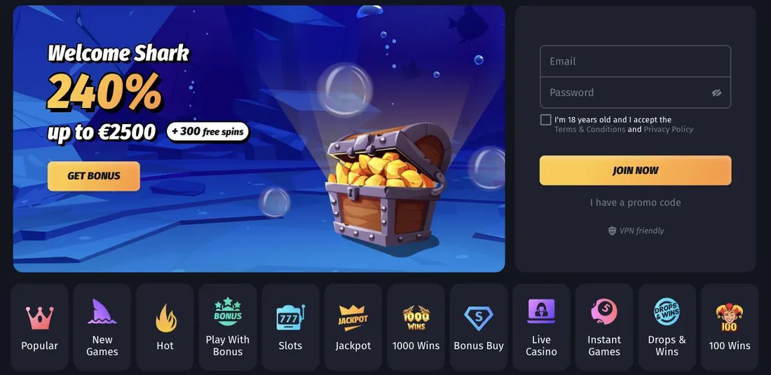 WinShark front page with the Welcome Shark banner, sign-up form and lobby categories